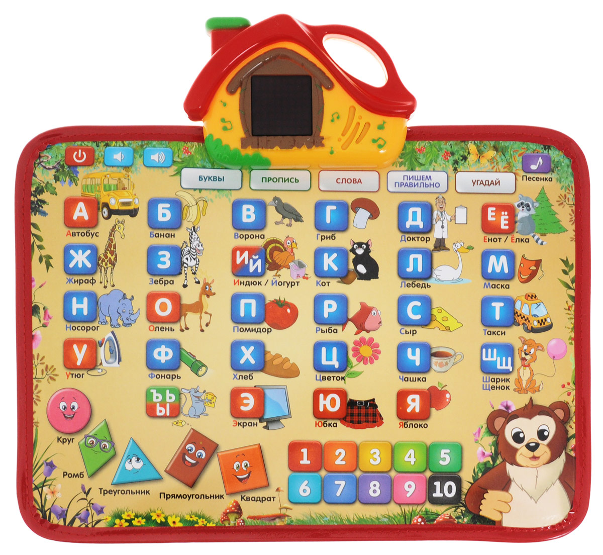 S+S Toys Интерактивный планшет Маленький отличник медвежонок ЫхEH80128R S+S Toys Интерактивный планшет Маленький отличник медвежонок ЫхEH80128RИнтерактивный планшет Маленький отличник медвежонок Ых предназначен для детей от 3-х лет. Интерактивный планшет с двумя рабочими поверхностями и дополнительным небольшим светодиодным экраном поможет ребёнку развить память, мелкую моторику, логику, воображение, внимательность, а также художественно-творческие способности. Одна рабочая поверхность планшета представляет собой платформу с кнопками и светодиодным экраном. Данная платформа станет отличным помощником в самостоятельном изучении букв русского алфавита, цифр от 1 до 10 и геометрических фигур. В весёлой стихотворной форме планшет расскажет и покажет на экране, как писать буквы и цифры, в какую сторону правильно вести линию. В режиме Угадай ребёнок сможет проверить и закрепить полученные знания. А для того, чтобы процесс обучения не был утомительным, медвежонок Ых приготовил веселую песенку. Вторая сторона представляет собой пластиковую поверхность, которая предназначена для рисования фломастерами. ...