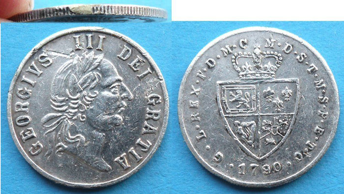 Медаль в форме гинеи 1790 года. Георг III. Великобритания791504 Медаль в форме гинеи 1790 года. Георг III. Великобритания791504Медаль в форме гинеи 1790 года. Георг III. Великобритания. Белый металл. Вес 7,5 г. Диаметр 2,7 см. Сохранность - Extremely Fine (XF) / Отличная. Аверс: портрет Георга III, повернутый вправо. Легенда: GEORGIVS III DEI GRATIA. Реверс: G.L.REX . F.D.M.-M.D.S.T.M.S.P.E.T.C 1790, герб Ганноверской династии. Соотношение осей аверса и реверса: 12. Гурт рубчатый.