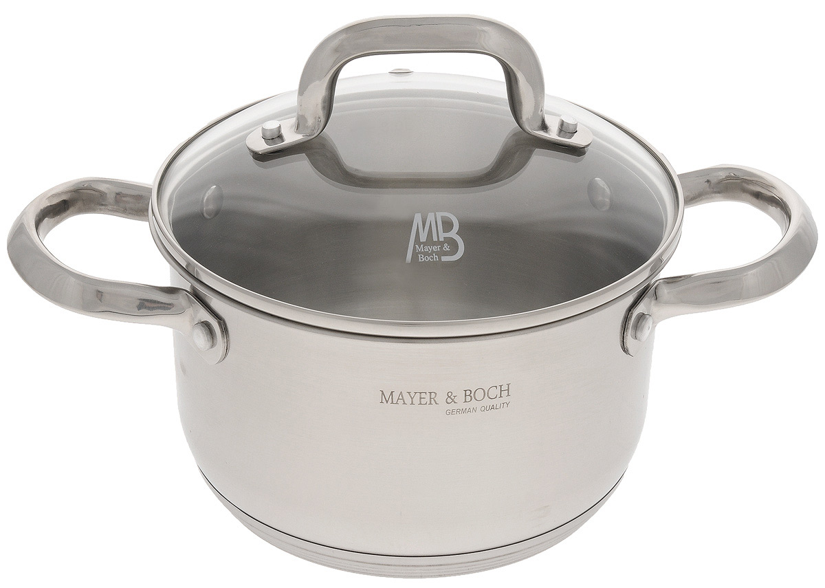 Кастрюля Mayer & Boch с крышкой, 2,5 л. 45534553 Кастрюля Mayer & Boch с крышкой, 2,5 л. 45534553Кастрюля Mayer & Boch изготовлена из высококачественной нержавеющей стали 18/10. Зеркальное покрытие придает изделию привлекательный внешний вид, обеспечивает легкую очистку и долговечность. Многослойное термоаккумулирующее дно обеспечивает наилучшее распределение тепла. Кастрюля оснащена удобными ручками. Куполообразная крышка из термостойкого стекла снабжена ободом и отверстием для выхода пара. Такая крышка позволяет следить за процессом приготовления пищи. Кастрюля подходит для всех типов плит, включая индукционные. Пригодна для мытья в посудомоечной машине. Диаметр кастрюли по верхнему краю: 18 см. Высота стенки: 11 см. Ширина кастрюли (с учетом ручек): 30 см. УВАЖАЕМЫЕ КЛИЕНТЫ! Обращаем ваше внимание, что объем кастрюли измерен по факту, с учетом максимального наполнения до кромки.