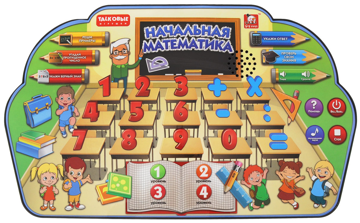 S+S Toys Интерактивный планшет Начальная математикаEH80148R S+S Toys Интерактивный планшет Начальная математикаEH80148RИнтерактивный планшет Начальная математика предназначен для детей от 3-х лет. В планшете представлено множество разнообразных математических игр, занимательных задач на вычисления. Уровень сложности примеров можно подобрать индивидуально путём переключения режимов. Кнопка Помощь подскажет правильный ответ, а Музыкальная пауза сделает перерыв в занятиях интересным и разнообразным. Игрушка способствует развитию памяти, мелкой моторики, логического мышления, тренирует воображение и внимательность, помогает развить математические и аналитические способности. Для работы игрушки необходимы 3 батарейки типа ААА напряжением 1,5 V (не входят в комплект).
