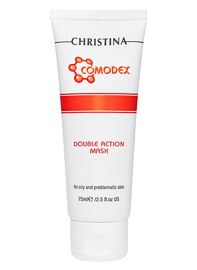 Christina Маска двойного действия для проблемной кожи Comodex Double Action Mask 75 млCOMDAM Christina Маска двойного действия для проблемной кожи Comodex Double Action Mask 75 млCOMDAMМаска двойного действия Christina Comodex - Double Action Mask оказывает выраженное оздоравливающее действие, очищает и сужает поры. Маска от компании Кристина обладает нежной и приятной текстурой, содержит оксид цинка, экстракт хвоща, ментол, камфару и масло виноградных косточек. Это сочетание активных компонентов быстро устраняет признаки воспаления кожи, ускоряет регенерацию верхних слоев эпидермиса, успокаивает и смягчает кожу. Входящие в состав маски камфора и каолин регулируют выработку кожного сала, предотвращая закупоривание пор. Используя маску от Christina, Вы подарите своей коже свежесть и здоровый вид.