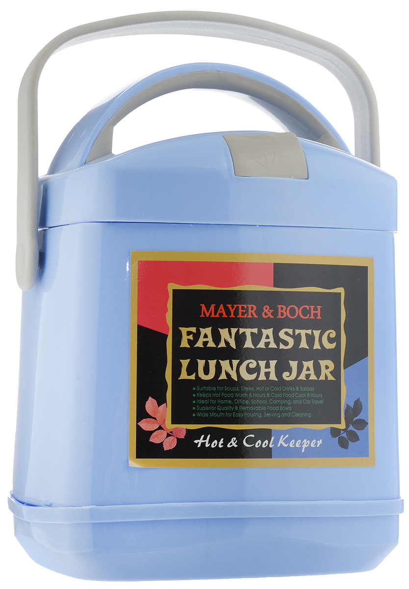 Термос пищевой Mayer & Boch Fantastic Lunch Jar, с контейнером, цвет: голубой, 1,9 л23726 Термос пищевой Mayer & Boch Fantastic Lunch Jar, с контейнером, цвет: голубой, 1,9 л23726Термос пищевой Mayer & Boch Fantastic Lunch Jar предназначен для длительного хранения горячих и холодных блюд. Изделие сохраняет тепло до 6 часов, а холод - до 8. Термос способен сохранять горячую или холодную температуру при температуре окружающей среды не ниже 18°С и температуре жидкости при заполнении не ниже +99+-1°С. Корпус термоса выполнен из цветного пищевого полипропилена (пластика). Внутренняя колба изготовлена из нержавеющей стали - материала, который не вступает в реакцию с продуктами и не искажает вкус приготовленных блюд. Данный термос обладает не только прекрасными термоизоляционными качествами, но и непревзойденной надежностью. Благодаря эргономичной форме и удобным ручкам, его удобно транспортировать. Широкое отверстие позволяет удобно заполнять термос. В наборе также поставляется съемная емкость из нержавеющей стали, а также металлические ложка и вилка, которые хранятся в специальном футляре в крышке термоса. Такой термос идеально...