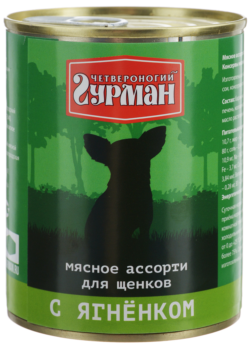 Консервы для щенков Четвероногий гурман Мясное ассорти, с ягненком, 340 г103109019 Консервы для щенков Четвероногий гурман Мясное ассорти, с ягненком, 340 г103109019Консервы для щенков Четвероногий Гурман Мясное ассорти - это корм, который производится по новейшей технологии на современном оборудовании, что позволяет строго следить за его качеством. Специальная щадящая технология обработки компонентов позволяет сохранить максимальное количество витаминов, микроэлементов и питательных веществ, необходимых любой собаке. Корм производится из высококачественного натурального мяса, без добавления сои, ароматизаторов и красителей, имеет отличный вкус и привлекательный аромат. Такие консервы вы можете давать собаке как отдельно, так и смешивая их с кашей или овощами. Консервы Четвероногий Гурман Мясное ассорти - прекрасное и вкусное дополнение к рациону вашего любимца. Вес: 340 г. Товар сертифицирован.