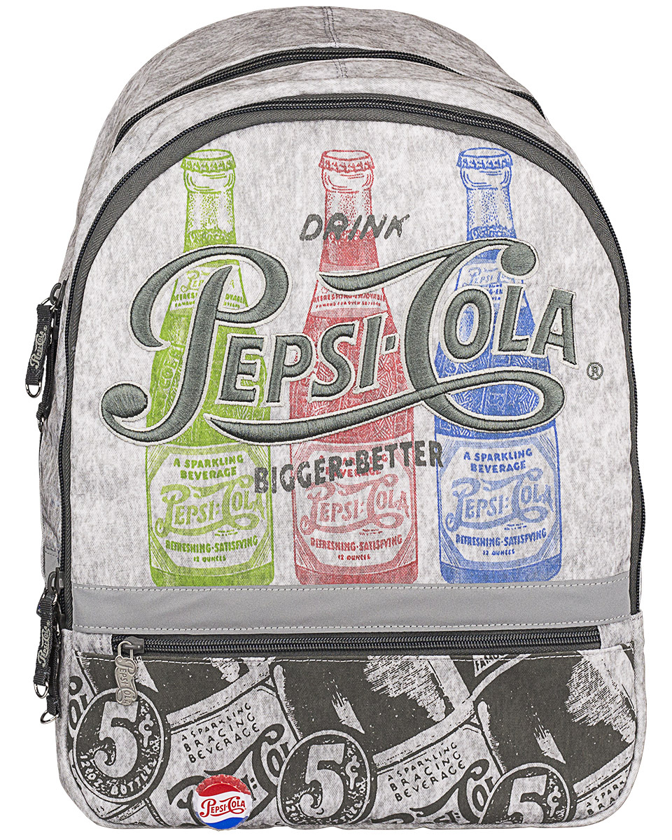 Pepsi Рюкзак Pepsi ColaPECB-UT1-392 Pepsi Рюкзак Pepsi ColaPECB-UT1-392Рюкзак Pepsi Cola изготовлен из прочного материала серого цвета и оформлен рисунками бутылочек с газировкой, вышивкой и оригинальным значком в виде пробки. Рюкзак имеет два основных отделения на застежках-молниях с двумя бегунками. Первое отделение содержит накладной открытый кармашек и врезной карман на молнии. Лицевая сторона рюкзака дополнена карманом на молнии. Рюкзак оснащен петлей для подвешивания. Дно рюкзака можно сделать жестким, разложив специальную панель. Широкие регулируемые лямки и уплотненная спинка рюкзака предохранят мышцы спины ребенка от перенапряжения при длительном ношении. Светоотражающие вставки повышают безопасность ребенка на дороге. Этот рюкзак можно использовать для повседневных прогулок, учебы, отдыха и спорта, а также как элемент вашего имиджа.
