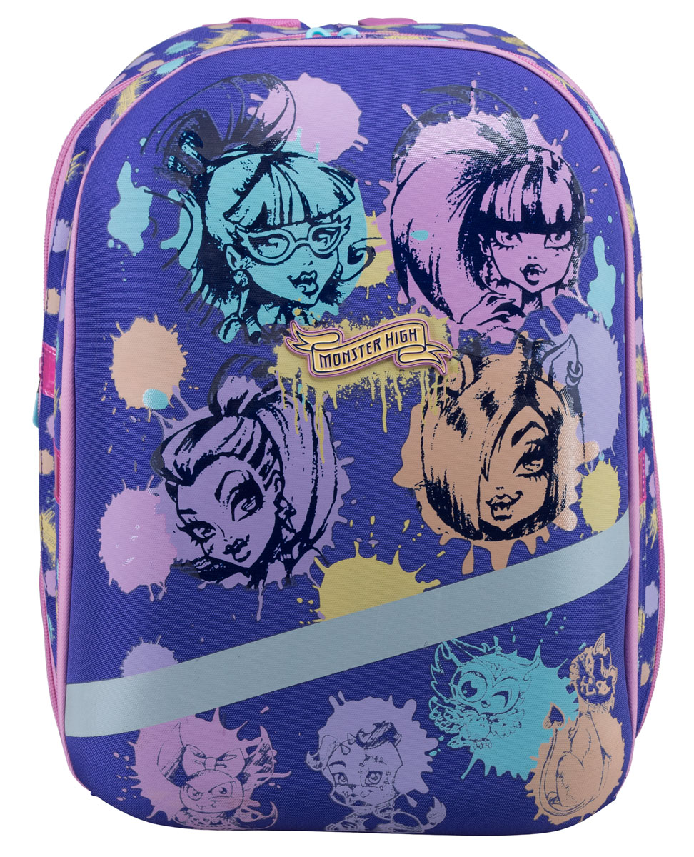 Monster High РанецMHCB-RT2-955 Monster High РанецMHCB-RT2-955Школьный ранец на резиновых ножках Monster High подойдет всем, кто хочет разнообразить свои школьные будни. Ранец выполнен из прочного материала и оформлен изображением героев мультфильма Школа Монстров. Ранец имеет три вместительных отделения на застежках-молниях с двумя бегунками. В наибольшем отделении расположен мягкий карман, фиксирующийся хлястиком на липучке. Во втором отделении находится один мягкий кармашек. Во третьем отделении находится открытый карман-сетка, небольшой карман-сетка на молнии, карман, закрывающийся клапаном на липучке, фиксаторы для пишущих принадлежностей и кольцо для ключей. Ранец оснащен эргономичной ручкой для удобной переноски. Особая многослойная конструкция задней стенки оснащена мягкими подкладками, принимающими анатомическую форму, что обеспечивает оптимальное прилегание к спине и равномерное распределение нагрузки, а воздухообменная сетка обеспечивает максимальный комфорт при эксплуатации. Мягкие анатомические лямки...