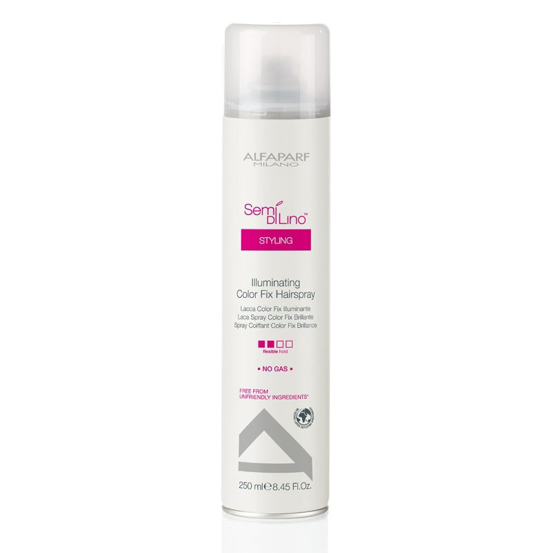 Alfaparf Лак для стойкости цвета, придающий блеск Semi Di Lino Illuminating Color Fix Hair Spray 250 мл72 Alfaparf Лак для стойкости цвета, придающий блеск Semi Di Lino Illuminating Color Fix Hair Spray 250 мл72Alfaparf Semi DiLino Illuminating Color Fix Hair Spray Лак для стойкости цвета, придающий блеск создан специально для окрашенных волос, позволяя надёжно защитить волосы от потери цвета и дополнительно обеспечиваю им защиту от воздействия окружающей среды. Данное средство обеспечивает прекрасную защиту волоса, не утяжеляя и не повреждая его. Благодаря экстракту семени льна, который содержится в составе лака для стойкости цвета волос Альфапарф SDL Illuminating Color Fix Hairspray волосы становятся гладкими и ослепительно блестящими. Alfaparf Semi Di Lino Illuminating Hair Spray подходит для всех типов окрашенных волос и не содержит парафинов, сульфатов, аллергенов и минеральных масел. Степень фиксации: средняя фиксация.
