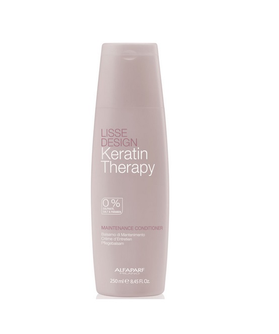 Alfaparf Кератиновый кондиционер-гладкость Lisse Design Maintenance Conditioner 250 мл9063 Alfaparf Кератиновый кондиционер-гладкость Lisse Design Maintenance Conditioner 250 мл9063Кератиновый кондиционер-гладкость Keratin Therapy Maintenance Conditioner без сульфатов, солей и парабенов. Питает волосы и помогает поддержать и продлить косметический эффект от кератинового выпрямления волос. Формула, обогащенная кератином и маслом Бабассу, делает волосы мягкими, блестящими. Волосы легко расчесываются.