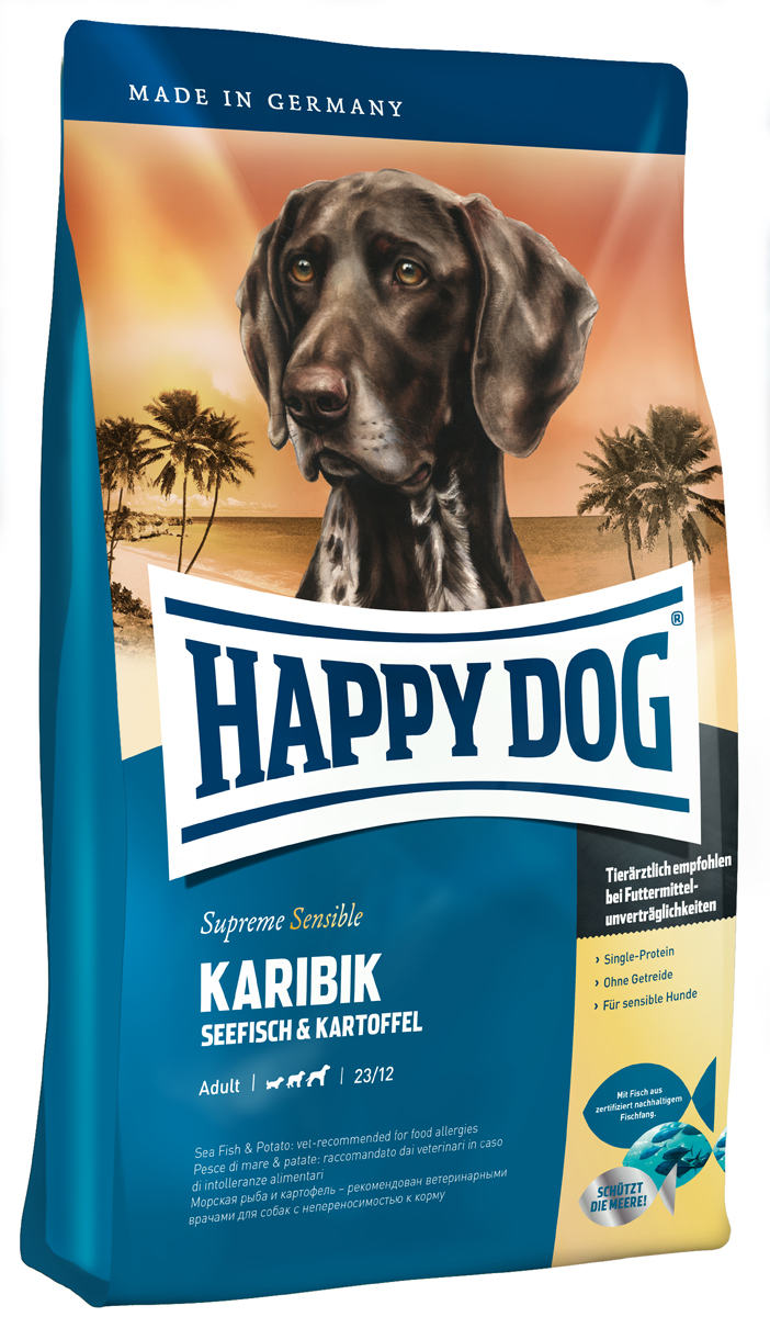 Корм сухой Happy Dog Карибик для взрослых собак, с морской рыбой, 4 кг03522 Корм сухой Happy Dog Карибик для взрослых собак, с морской рыбой, 4 кг03522Happy Dog Карибик - это лакомство для гурманов, не содержащее злаков и изготовленное из эксклюзивного сырья с опорой на изысканные рецепты карибской кухни. Вашу собаку порадует благородная морская рыба, полученная из экологичного промысла, и легко усваиваемый картофель. Разумеется, этот щадящий корм не содержит глютена. Благодаря особому, уникальному источнику белка - морской рыбе, содержащей умеренное количество белков и калорий, - эта вкусная рецептура не создает нагрузки на пищеварение и прекрасно переносится собаками всех пород, даже чувствительными к корму. Тропическое лакомство дополняют ценные Омега-3 и Омега-6 жирные кислоты, которые гарантируют здоровую кожу и блестящую шерсть. Состав: картофельные хлопья (48%), морская рыба (18%), картофель, масло из семян подсолнечника, свекольная пульпа, гидролизат печени, рапсовое масло, яблочная пульпа (0,8%), морская соль, дрожжи (экстрагированные), юкка шидигера. Аналитический...