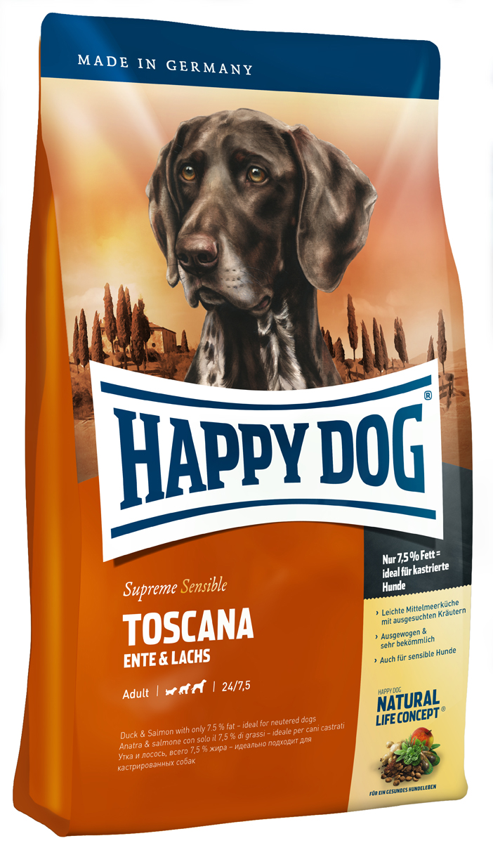 Корм сухой Happy Dog Тоскана для собак средних и крупных пород, с уткой и лососем, 4 кг03541 Корм сухой Happy Dog Тоскана для собак средних и крупных пород, с уткой и лососем, 4 кг03541Корм Happy Dog Тоскана оптимально подходит для чувствительных собак. С давних пор классические ингредиенты легкой средиземноморской кухни обеспечивают природную защиту от болезней, обусловленных современной цивилизацией. При этом следует особо упомянуть ароматные средиземноморские травы, мясо утки, лосося и полифенолы красного винограда. Только корм Happy Dog Тоскана содержит этот уникальный набор полезных ингредиентов. Благодаря специальным ингредиентам и особому способу приготовления корм очень хорошо подходит для целенаправленного кормления чувствительных собак с их особыми потребностями. Корм содержит умеренное количество жира (7,5 %) и 24 % белка - источника жизненной энергии, а потому может использоваться и для кастрированных кобелей и стерилизованных сук. Состав: Утка (21%), кукурузная мука, кукуруза, рисовая мука, лосось (5%), гидролизат печени, свекольная пульпа, птичий жир, масло из семян подсолнечника, яблочная пульпа...
