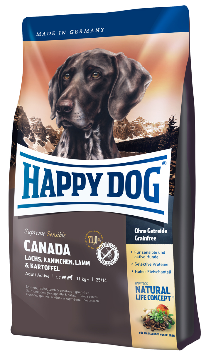 Корм сухой Happy Dog Канада для собак средних и крупных пород, лосось, кролик, ягненок, 12,5 кг03557 Корм сухой Happy Dog Канада для собак средних и крупных пород, лосось, кролик, ягненок, 12,5 кг03557Корм Happy Dog Канада, не содержащий злаков, оптимально подходит для чувствительных собак. Корм разработан для собак с повышенной потребностью в энергии. Он прекрасно подходит так же для молодых собак начиная с 6 месяца жизни. Исключительно вкусный полнорационный корм содержит мясо лосося, кролика и ягненка, а также картофель, не содержащий глютен. Состав: картофельные хлопья (47%), лосось (10%), белок из мяса кролика (10%), белок из мяса ягненка(10%), птичий жир, картофельный белок, свекольная пульпа, гидролизат печени, масло из семян подсолнечника (1,5%), яблочная пульпа (1,0%), клетчатка, сухое цельное яйцо, рапсовое масло (0,5%), семя льна (0,4%), хлорид натрия дрожжи, хлорид калия, клюква (0,22%),морские водоросли (0,15%), мясо моллюска (0,04%), Юкка Шидигера (0,02%), расторопша, артишок, одуванчик, имбирь, березовый лист, крапива, ромашка, кориандр, розмарин, шалфей, корень солодки, тимьян, дрожжи (экстрагированные), (общий объем...