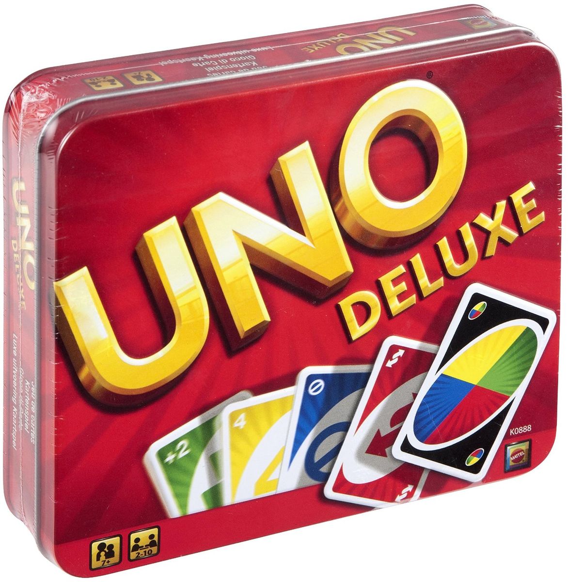 Mattel Games Настольная игра Uno DeluxeK0888 Mattel Games Настольная игра Uno DeluxeK0888Все любят карточную игру Uno - дети, подростки и взрослые! Легко начать игру, и просто невозможно остановить ее, так она захватывает! Отличный способ провести приятный вечер вместе с семьей. В колоде Uno есть карты Пропусти ход, Наоборот, Возьми две, Закажи цвет, Закажи цвет и возьми четыре. И когда у тебя останется одна карта, не забудь прокричать: Уно! В набор входит колода карт Uno, коробочка для карт с двумя отделениями, таблица результатов и инструкция.