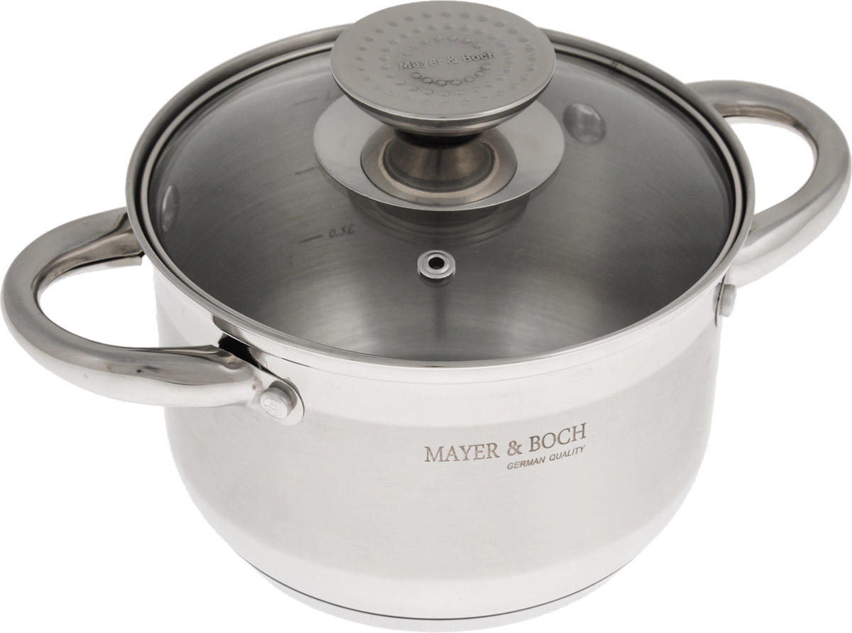 Кастрюля Mayer & Boch с крышкой, 1,7 л. 45564556 Кастрюля Mayer & Boch с крышкой, 1,7 л. 45564556Кастрюля Mayer & Boch изготовлена из высококачественной нержавеющей стали с матовой и зеркальной полировкой. Утолщенное дно кастрюли обеспечивает наилучшее распределение тепла. Кастрюля оснащена удобными ручками. Крышка, выполненная из термостойкого стекла, позволит вам следить за процессом приготовления пищи. Крышка оснащена металлическим ободом и отверстием для выпуска пара. На внутреннюю поверхность кастрюли нанесена мерная шкала. Подходит для хранения пищи в холодильнике. Подходит для использования на всех типах плит, включая индукционные. Можно мыть в посудомоечной машине. Высота стенки: 11 см. Ширина (с учетом ручек): 25 см. УВАЖАЕМЫЕ КЛИЕНТЫ! Обращаем ваше внимание на тот факт, что объем кастрюли указан максимальный, с учетом полного наполнения до кромки. Шкала на внутренней стенке кастрюли имеет меньший литраж.