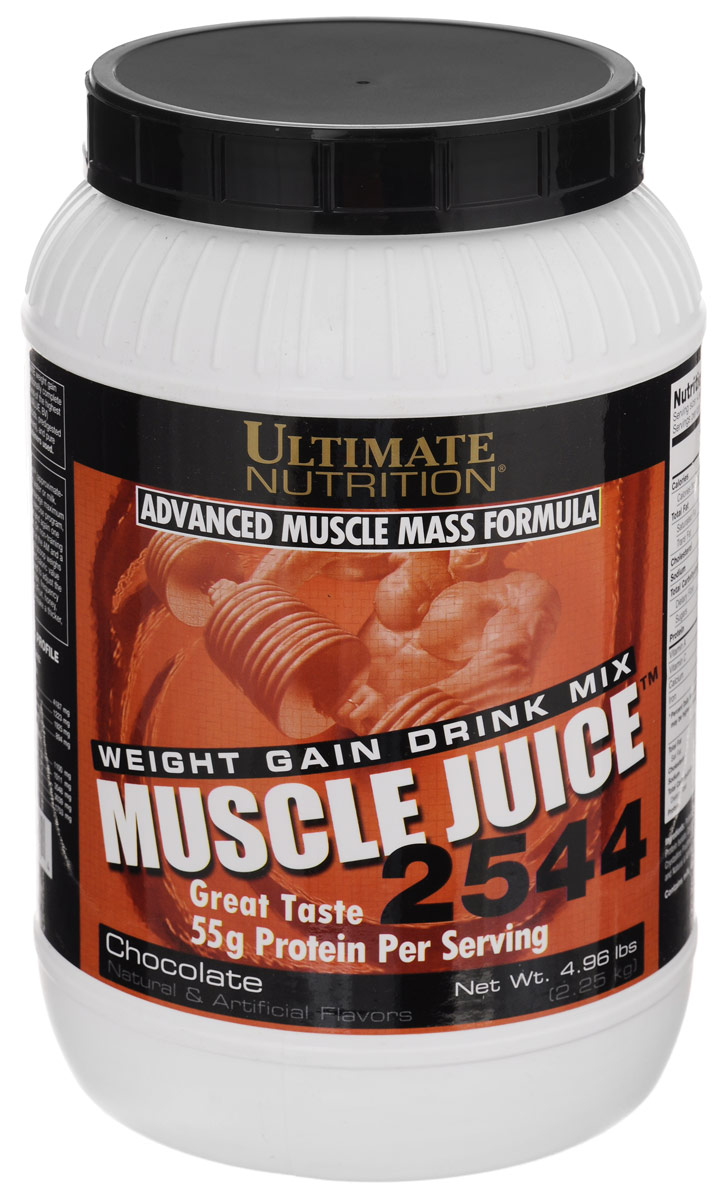Гейнер Ultimate Nutrition Muscle Juice 2544, шоколад, 2,25 кг220 Гейнер Ultimate Nutrition Muscle Juice 2544, шоколад, 2,25 кг220Гейнер Ultimate Nutrition Muscle Juice является одним из самых калорийных гейнеров (1020 ккал на порцию). Протеиновая составляющая представлена изолятом сывороточного протеина, концентратом сывороточного протеина, казеинатом кальция и яичным белком. В каждой порции гейнера содержится целых 55 г высококачественного протеина. Благодаря комплексному составу, протеиновая смесь медленно усваивается и снабжает ваши мышцы аминокислотами в течение 6 часов. Также с каждой порцией Muscle Juice 2544 вы получите 162 г высококачественных углеводов и 17 г жиров, включая триглицериды со средней длиной цепочки (МСТ). МСТ выступают в качестве легкодоступного источника энергии для организма, при этом они не откладываются в жир и не влияют на уровень холестерина. Преимущества Muscle Juice 2544: - Целых 55 г протеина в порции - Концентрат и изолят сывороточного протеина в качестве основных ингредиентов - 4 различных вида протеина (в том числе сывороточный, яичный и казеинат)...