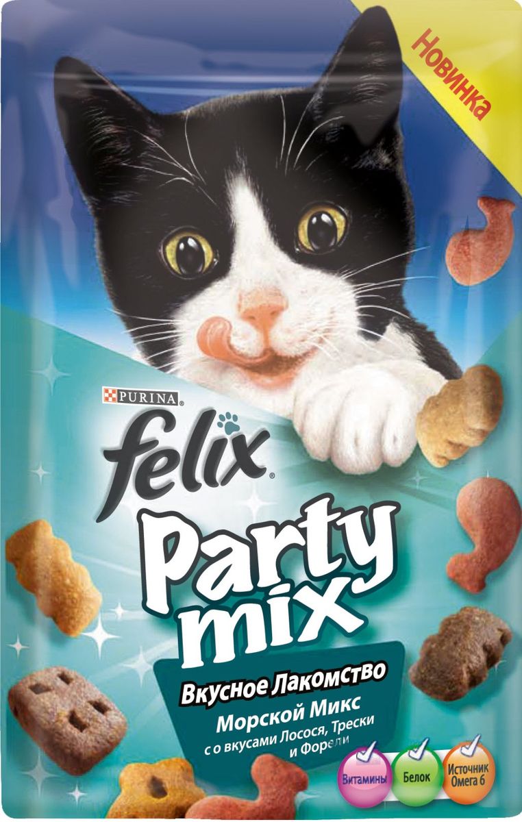 Лакомство для кошек Felix Party Mix Морской Микс, cо вкусами лосося, трески и форели, 60 г12234058 Лакомство для кошек Felix Party Mix Морской Микс, cо вкусами лосося, трески и форели, 60 г12234058Вкусное лакомство Felix Party Mix Морской Микс cо вкусами лосося, трески и форели - это дополнение к ежедневному рациону, с помощью которого вы можете баловать вашего питомца, когда вам этого хочется. В каждой упаковке вы найдете удивительное сочетание ароматных гранул с восхитительным вкусом и аппетитной текстурой! И это еще не все! Вкусное Лакомство содержит белок, витамины и Омега 6 жирные кислоты для того, чтобы помочь Вашему питомцу быть счастливым и здоровым. Рекомендации по кормлению: Ежедневная норма кормления для взрослой кошки весом 4 кг: до 15г или примерно до 40 гранул. Обычный ежедневный рацион желательно корректировать в соответствии с количеством используемого лакомства. Свежая питьевая вода всегда должна быть доступна для вашей кошки. Присутствуйте рядом с вашим питомцем во время кормления Вкусным Лакомством. Состав: мясо и продукты его переработки, злаки, жиры и масла, растительный белок, рыба и продукты ее ...