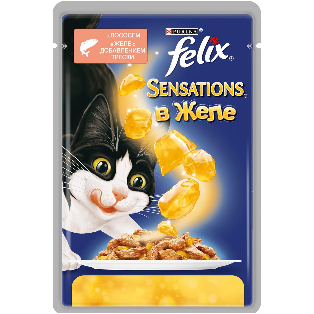 Консервы для кошек Felix Sensations, с лососем в желе со вкусом трески, 85 г12232834 Консервы для кошек Felix Sensations, с лососем в желе со вкусом трески, 85 г12232834Консервированный корм для кошек Felix с лососем в желе со вкусом трески - полнорационный корм для взрослых кошек. У него такой аппетитный вид и аромат, словно его приготовили вы сами. Корм создан по специально разработанной рецептуре: это нежнейшие кусочки с мясом или рыбой, покрытые сочным желе. Ваш кот будет есть такую вкуснятину хоть каждый день - на завтрак, обед и ужин. Рекомендации по кормлению: Для взрослой кошки среднего веса (4кг) требуется примерно 3 пакетика в день. Кормление желательно разделить на два приема. Для беременных или кормящих кошек кормление без ограничений. Подавать корм при комнатной температуре. Следите, чтобы у вашей кошки всегда была чистая, свежая питьевая вода. Состав: мясо и продукты переработки мяса (17%), экстракт растительного белка, рыба и рыбные субпродукты (лосось 4%, треска 1%), минеральные вещества, сахара, красители, витамины. Добавленные вещества: МЕ/кг: витамин A: 720, витамин D3: 110, витамин Е:...