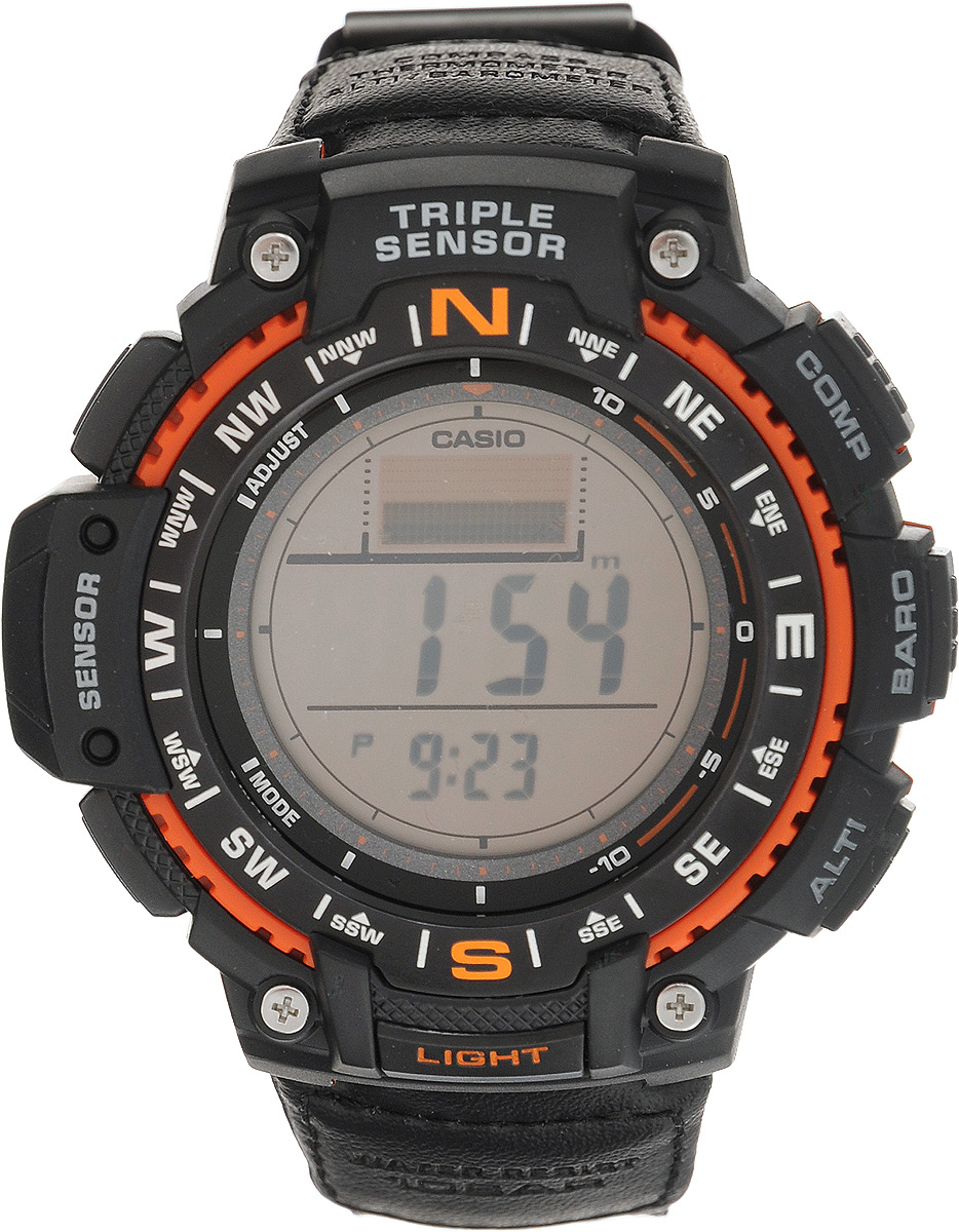 Часы наручные Casio, черный, оранжевый. SGW-1000B-4ASGW-1000B-4A Часы наручные Casio, черный, оранжевый. SGW-1000B-4ASGW-1000B-4AНаручные часы Casio произведены опытными специалистами из материалов самого высокого качества на базе новейших технологий. Часы прошли тщательную проверку и контроль качества. Часы оснащены кварцевым механизмом. Корпус выполнен из высококачественной нержавеющей стали с пластиковыми вставками. Дисплей часов защищен минеральным стеклом, устойчивым к появлению царапин и подсвечивается светодиодом, функция автоподсветки освещает циферблат при повороте часов к лицу. Ремешок часов выполнен из прочного текстиля и вставок из кожи и оснащен застежкой-пряжкой. Часы имеют дополнительные функции: мировое время, индикатор даты, цифровой компас, барометр, термометр, альтиметр, секундомер, таймер, будильник. Модуль часов рассчитан на работу при низких температурах. Часы укомплектованы паспортом с подробной инструкцией и упакованы в оригинальную фирменную коробку. Характеристики: Длина ремешка (с учетом корпуса): 25 см. Ширина ремешка: 2 см. ...