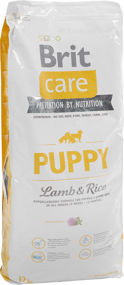 Корм сухой Brit Care Puppy All Breed, гипоаллергенный, для щенков и молодых собак всех пород, с ягненком и рисом, 12 кг100802 Корм сухой Brit Care Puppy All Breed, гипоаллергенный, для щенков и молодых собак всех пород, с ягненком и рисом, 12 кг100802Сухой корм Brit Care Puppy All Breed - сбалансированный, легкоусвояемый особый корм, соответствующий специальным потребностям щенков в период роста. Гипоаллергенная формула подходит для щенков всех пород (4 недели - 12 месяцев). Рекомендуется также беременным и кормящим собакам. Особенности: - Поддерживает рост скелета и защищает хрящи. Соотношение кальция и фосфора, высокое содержание глюкозоамина и хондроитина. - Умственные способности и здоровая нервная система. Кислоты EPA и DHA поддерживают мозговую деятельность и оказывают благоприятное влияние на систему органов чувств. - Защита кишечника и печени, контроль запаха. Экстракт юкки защищает кишечник и печень от токсичности аммиака и предотвращает разложение гемоглобина. - Высокое содержание протеинов. Оптимальное соотношение аминокислот (идеальный протеин) обеспечивает высокую усвояемость белков для мышечной ткани. - Поддержка иммунитета и охрана здоровья. MOS...