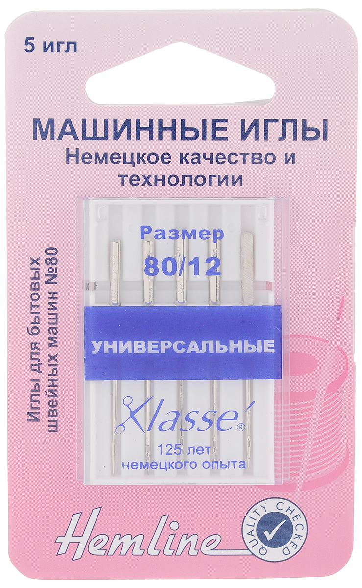 Набор игл для швейных машин Hemline, универсальные, №80, 5 шт100.80 Набор игл для швейных машин Hemline, универсальные, №80, 5 шт100.80Универсальные иглы Hemline идеально подходят для всех тканых материалов, в основном для хлопка и синтетики. Иглы имеют небольшой закругленный кончик, что делает их универсальными в использовании с различными видами тканей. Подходят для всех швейных машин, включая Bernina, Brother, Bernette, Elna, Husgsvarna, Janome, New Home, Pfaff, Simplicity, Singer, Toyota, Viking и других. Изделия выполнены их высококачественной стали и упакованы в пластиковый футляр. Комплектация: 5 шт. Размер игл: №80.