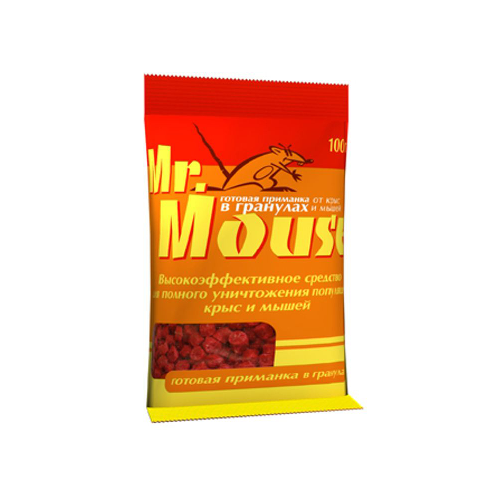Гранулы от грызунов Mr.Mouse, 100 г. СЗ.040003СЗ.040003 Гранулы от грызунов Mr.Mouse, 100 г. СЗ.040003СЗ.040003Родентицидное средство Mr.Mouse в виде готовой к применению приманки в форме гранул красного цвета. Способы применения Поместить средство в лотки, на подложки по 10-20г от мышей и по 30-50г от серых и черных крыс. Размещение в специальных емкостях повышает поедаемость средства, препятствуя его растаскиванию грызунами.Размещают емкости в предварительно выявленных местах обитания грызунов: по близости от их нор, на путях перемещения, вдоль стен и перегородок.Расстояние между точками раскладки 2-10м в зависимости от захламленности помещений и численности грызунов. Для водяных крыс приманку размещают около входа нор по 15-30г для кротов - в свежей кротовине делают вертикальный вырез между двумя выбросами земли, куда закладывают по 15-20г приманки, которую закрывают дощечкой и присыпают землей. Осмотр проводят через 1-2 дня, а затем с интервалом в одну неделю, восполняя по мере поедания. Загрязненную приманку следует заменить на новую. Нетронутые брикеты можно перенести в другое...