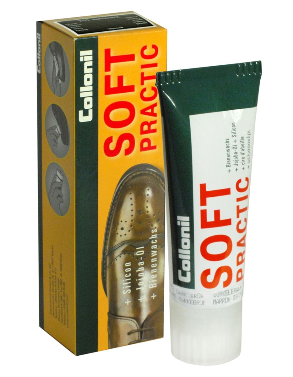 Крем для обуви с маслом Jojoba Collonil Soft Practic , цвет: 399 темно-коричневый, 75 мл3763 399 Крем для обуви с маслом Jojoba Collonil Soft Practic , цвет: 399 темно-коричневый, 75 мл3763 399Крем для чувствительной гладкой кожи. Защищает, отталкивает воду, предотвращет проникновение грязи, обеспечивает мягкость кожи за счет использования масла jojoba и силикона.