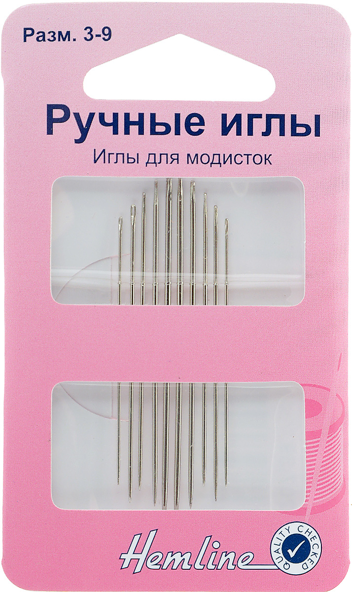 Иглы ручные Hemline, для модистока, №3-9, 10 шт. 207.39207.39 Иглы ручные Hemline, для модистока, №3-9, 10 шт. 207.39207.39Иглы ручные Hemline это удлиненные иглы с круглым ушком, которые идеально подходят для декоративных работ. Размер: №3-9. Средний размер иглы: 4,2 см.
