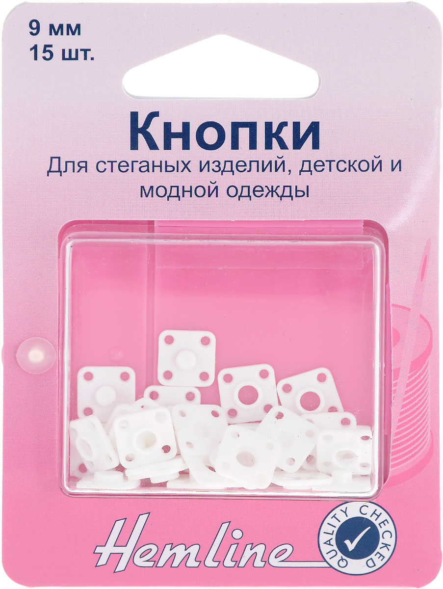 Кнопки пришивные Hemline, квадратные, 9 х 9 мм, 15 шт423 Кнопки пришивные Hemline, квадратные, 9 х 9 мм, 15 шт423Пришивные кнопки Hemline, изготовленные из пластика, используются для пришивания к стеганным изделиям, покрывалам и мягкой мебели. Кнопки собираются из 2 частей. Изделия хранятся в пластиковом контейнере многоразового использования. Размер кнопки: 9 х 9 мм. Количество: 15 кнопок.