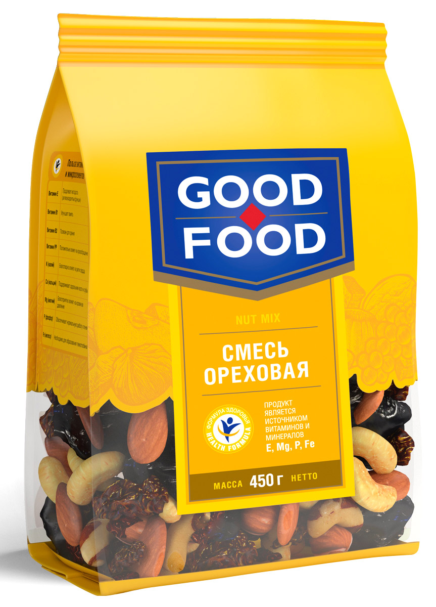 Good Food смесь ореховая, 450 г4620000671817 Good Food смесь ореховая, 450 г4620000671817Смесь Ореховая - это вкусный и полезный снек. Смесь включает в себя бразильский орех, изюм golden и black jumbo, кешью, миндаль и фундук. Уважаемые клиенты! Обращаем ваше внимание, что полный перечень состава продукта представлен на дополнительном изображении.