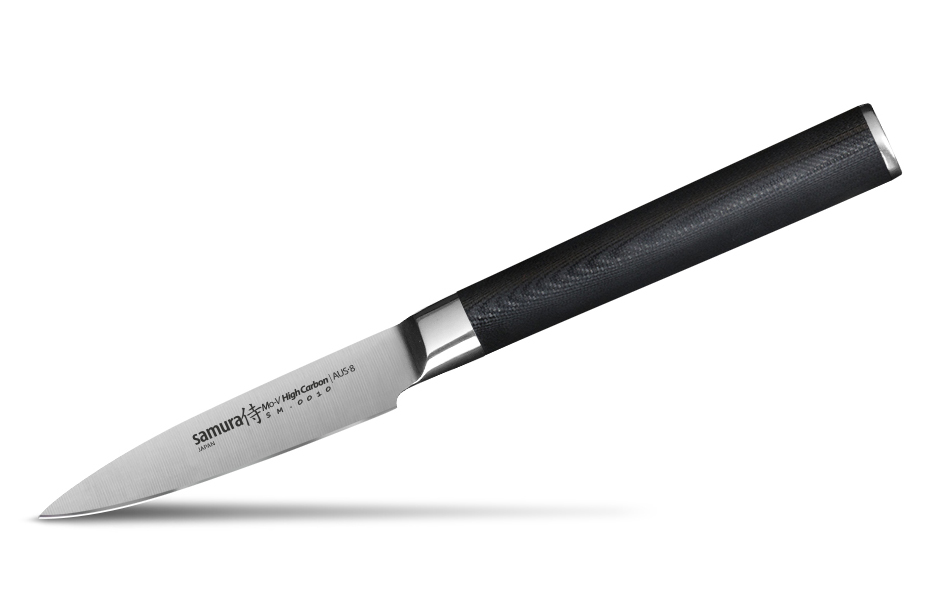 Нож овощной Samura Mo-V, длина лезвия 90 мм. SM-0010/16SM-0010/16 Нож овощной Samura Mo-V, длина лезвия 90 мм. SM-0010/16SM-0010/16Профессиональный цельный нож; острый, тонкий клинок. Специальная практичная ножевая японская коррозиестойкая молибден-ванадиевая сталь AUS8. Эргономичная рукоятка из G-10 дает полный контроль реза. Заточка двусторонняя ручная, 3000#
