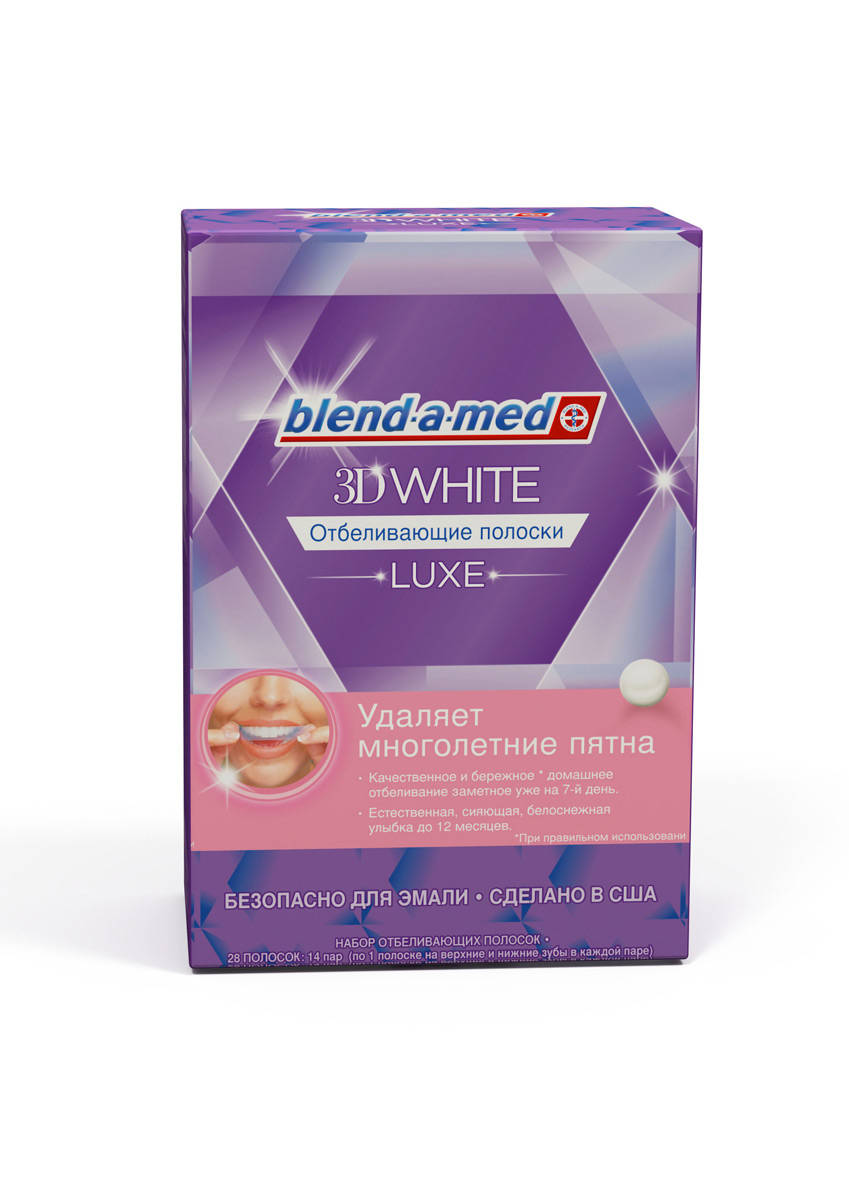 Blend-a-med 3DWhite Luxe Отбеливающие полоски, 14 пар полосокBM-81512810 Blend-a-med 3DWhite Luxe Отбеливающие полоски, 14 пар полосокBM-81512810Более белые зубы за 1 день! Отбеливающие полоски Blend-a-med 3D White Luxe - это уникальная возможность добиться видимого отбеливающего эффекта дома легко и безопасно для эмали. Отбеливающие полоски удаляют многолетнее потемнение эмали, которое не способна удалить зубная паста, в том числе от кофе, вина и сигарет. Визуальный эффект наступает после 7 дня применения, а результат длится до 12 месяцев. Безопасно для зубов! Отбеливающие полоски содержат ту же безопасную для эмали технологию (пероксид водорода в содержании 5,25%), которую используют стоматологи при профессиональном отбеливании Легко использовать. Полоски повторяют вашу форму зубов, хорошо прилегают и легко снимаются – для быстрого отбеливания без усилий. Упаковка полосок содержит 14 пар полосок (по одной - для верхних и нижних зубов) в индивидуальных упаковках. Необходимо выдерживать полоски на зубах каждый день в течение 1 часа, полный курс рассчитан на 14 дней. Сделано в США.
