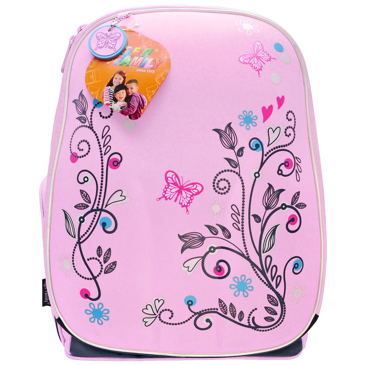 Tiger Enterprise Ранец школьный Butterfly21112/B/TG Tiger Enterprise Ранец школьный Butterfly21112/B/TGШкольный ранец Tiger Enterprise Butterfly обязательно привлечет внимание вашего ребенка. Ранец выполнен из современного легкого и прочного материала с водоотталкивающей пропиткой. Ранец содержит два вместительных отделения, закрывающихся на молнию. Внутри самого большого отделения расположены два открытых накладных кармана. Во втором отделении имеется открытый накладной карман и сетчатый карман на молнии. Ранец также имеет два боковых кармана на молнии. Снаружи ранец украшает мягкий круглый брелок с бабочкой. Конструкция спинки дополнена эргономичными подушечками, противоскользящей сеточкой и системой вентиляции для предотвращения запотевания спины ребенка. Мягкие анатомические лямки позволяют легко и быстро отрегулировать рюкзак в соответствии с ростом ребенка. Ранец оснащен регулируемым удерживающим нагрудным ремнем, петлей для подвешивания и эргономичной ручкой для удобной переноски в руке. Плотное непромокаемое дно обеспечивает ранцу хорошую устойчивость и защиту от...