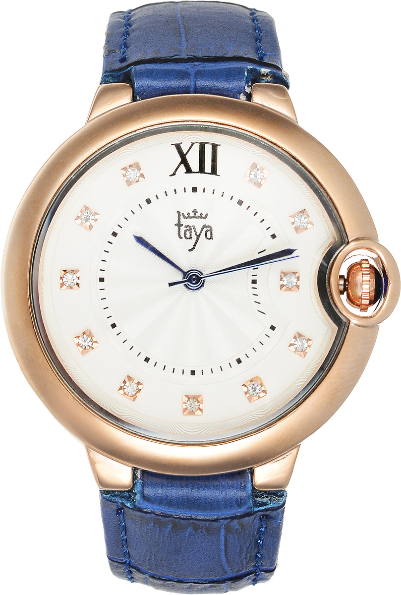 Часы наручные женские Taya, цвет: золотистый, синий. T-W-0002T-W-0002-WATCH-GL.D.BLUE Часы наручные женские Taya, цвет: золотистый, синий. T-W-0002T-W-0002-WATCH-GL.D.BLUEЭлегантные женские часы Taya выполнены из минерального стекла, натуральной кожи и нержавеющей стали. Циферблат инкрустирован стразами и дополнен символикой бренда. Корпус часов оснащен кварцевым механизмом со сменным элементом питания, а также дополнен ремешком из натуральной кожи, который застегивается на пряжку. Ремешок декорирован тиснением под кожу рептилии. Часы поставляются в фирменной упаковке. Часы Taya подчеркнут изящность женской руки и отменное чувство стиля у их обладательницы.