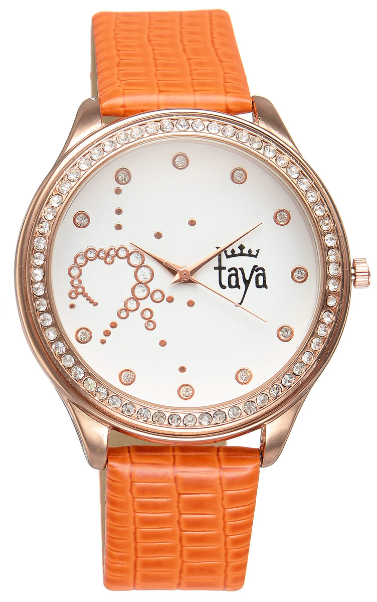 Часы наручные женские Taya, цвет: золотистый, оранжевый. T-W-0029T-W-0029-WATCH-GL.ORANGE Часы наручные женские Taya, цвет: золотистый, оранжевый. T-W-0029T-W-0029-WATCH-GL.ORANGEЭлегантные женские часы Taya выполнены из минерального стекла, искусственной кожи и нержавеющей стали. Циферблат инкрустирован стразами внутри и по внешней стороне окружности. Корпус часов оснащен кварцевым механизмом со сменным элементом питания, а также дополнен ремешком из искусственной кожи, который застегивается на пряжку. Ремешок декорирован тиснением под кожу рептилии. Часы поставляются в фирменной упаковке. Часы Taya подчеркнут изящность женской руки и отменное чувство стиля у их обладательницы.