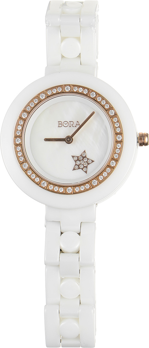 Часы наручные женские Bora, цвет: белый. T-B-7640T-B-7640-WATCH-WHITE Часы наручные женские Bora, цвет: белый. T-B-7640T-B-7640-WATCH-WHITEЭлегантные женские часы Bora выполнены из керамики и минерального стекла. Корпус часов также украшен стразами. Перламутровый циферблат дополнен символикой бренда, оформлен декоративным элементом в виде звезды, которая инкрустирована стразами. Корпус часов оснащен кварцевым механизмом со сменным элементом питания, а также дополнен браслетом, который застегивается на застежку-бабочку. Часы поставляются в фирменной упаковке. Часы Bora подчеркнут изящность женской руки и отменное чувство стиля у их обладательницы.