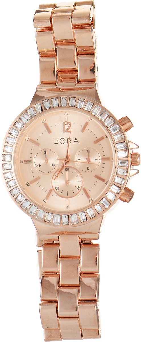 Часы наручные женские Bora, цвет: красное золото. T-B-7628T-B-7628-WATCH-R.GOLD Часы наручные женские Bora, цвет: красное золото. T-B-7628T-B-7628-WATCH-R.GOLDСтильные женские часы Bora выполнены из нержавеющей стали, металлического сплава и минерального стекла. Циферблат дополнен декоративными отметками, а корпус инкрустирован стразами. Наручные часы с центральной секундной стрелкой, часовой механизм Seiko Instruments (SII), с питанием от сменного кварцевого элемента питания типа R626SW. Корпус часов дополнен браслетом, который застегивается на складную застежку. Часы поставляются в фирменной упаковке. Часы Bora подчеркнут изящность женской руки и отменное чувство стиля у их обладательницы.