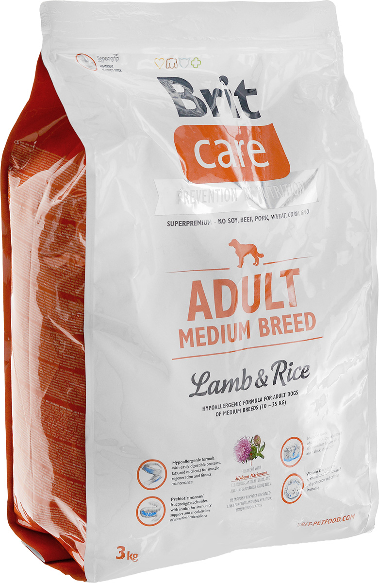 Корм сухой Brit Care Adult Medium Breed, гипоаллергенный, для взрослых собак средних пород, с ягненком и рисом, 3 кг100302 Корм сухой Brit Care Adult Medium Breed, гипоаллергенный, для взрослых собак средних пород, с ягненком и рисом, 3 кг100302Гипоаллергенный сухой корм Brit Care Adult Medium Breed - это полноценный рацион для собак средних пород. Экстракт юкки защищает кишечник и печень от токсичности аммиака и предотвращает разложение гемоглобина. Оптимальное соотношение Омега-3 и Омега-6 жирных кислот с органическим цинком и медью обеспечивает здоровое состояние кожи и улучшает качество шерсти. Товар сертифицирован.