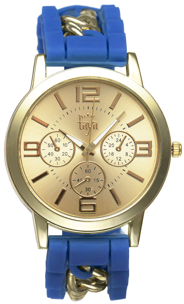 Часы наручные женские Taya, цвет: золотистый, синий. T-W-0214T-W-0214-WATCH-GL.BLUE Часы наручные женские Taya, цвет: золотистый, синий. T-W-0214T-W-0214-WATCH-GL.BLUEСтильные женские часы Taya выполнены из минерального стекла, силикона и нержавеющей стали. Циферблат часов оформлен символикой бренда и тремя декоративными отметками. Корпус оснащен кварцевым механизмом со сменным элементом питания. На стрелки нанесен светящийся состав. Браслет, выполненный из силикона и декорированный цепочками, застегивается на практичную пряжку. Изделие поставляется в фирменной упаковке. Часы Taya подчеркнут изящность женской руки и отменное чувство стиля у их обладательницы.