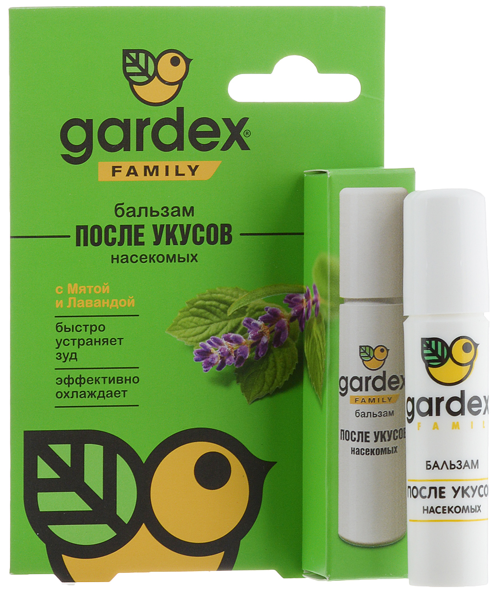Бальзам после укусов насекомых Gardex Family, 7 мл0146 Бальзам после укусов насекомых Gardex Family, 7 мл0146Бальзам Gardex Family избавит вас от неприятных последствий после укуса комаров, солнечных ожогов, контакта с крапивой или медузами. Снимает раздражение и устраняет зуд, стимулирует заживление ран и обновление клеток эпидермиса. Благодаря удобному ролику средство наносится без рук и быстро впитывается. Бальзам действует моментально. Наносите бальзам на места укуса тонким слоем. Товар сертифицирован.