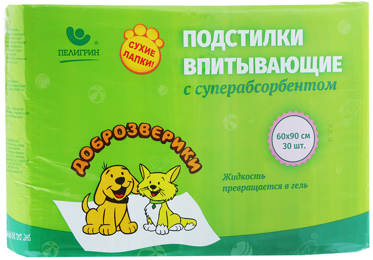 Подстилки для домашних животных Доброзверики, впитывающие, с суперабсорбентом, 60 х 90 см, 30 шт25249_новый дизайн Подстилки для домашних животных Доброзверики, впитывающие, с суперабсорбентом, 60 х 90 см, 30 шт25249_новый дизайнВпитывающие подстилки Доброзверики подходят для всех домашних животных: собак, кошек, грызунов, птиц, минипигов. Они незаменимы в поездке, при переноске животных, на приеме у ветеринара, на выставке. Удобный туалет для щенков и котят, приучает малышей ходить в одно и то же место. Защита мебели и пола в доме от шерсти, загрязнений, царапин. Всегда чистое место для новорожденных щенков и котят. Благодаря гранулам суперабсорбента подстилки надежно поглощают и удерживают влагу, запах. При этом поверхность подстилки и лапки животного остаются сухими. Состав: гидрофильное нетканое полотно, распушенная целлюлоза, клей, полимерный суперабсорбент. Комплектация: 30 шт. Размер подстилки: 60 х 90 см. Товар сертифицирован.