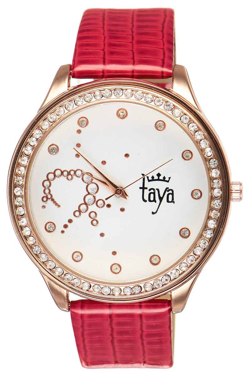 Часы наручные женские Taya, цвет: золотистый, красный. T-W-0031T-W-0031-WATCH-GL.RED Часы наручные женские Taya, цвет: золотистый, красный. T-W-0031T-W-0031-WATCH-GL.REDЭлегантные женские часы Taya выполнены из минерального стекла, искусственной кожи и нержавеющей стали. Циферблат инкрустирован стразами внутри и по внешней стороне окружности. Корпус часов оснащен кварцевым механизмом со сменным элементом питания, а также дополнен ремешком из искусственной кожи, который застегивается на пряжку. Ремешок декорирован тиснением под кожу рептилии. Часы поставляются в фирменной упаковке. Часы Taya подчеркнут изящность женской руки и отменное чувство стиля у их обладательницы.