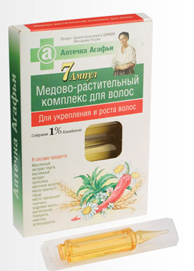 Аптечка Агафьи Комплекс медово-растительный для укрепления и роста волос, 7 апмул х 5 мл071-5-3624 Аптечка Агафьи Комплекс медово-растительный для укрепления и роста волос, 7 апмул х 5 мл071-5-3624Масляный медово-растительный комплекс в ампулах для укрепления и роста волос обеспечивает интенсивный уход за волосами. Каждая ампула содержит сбалансированные активные вещества: растительную плаценту, соевое масло, кедровое масло, масляный экстракт столетника, масло зародышей пшеницы, масло красного перца, маточное молочко, масляный экстракт прополиса, масляный экстракт перги, масло ромашки, климбазол, комплекс антиоксидантов. Медово-растительный комплекс рекомендуется для всех типов волос. Продукт прошел лабораторные испытания в ЦНИКВИ Минздрава России.