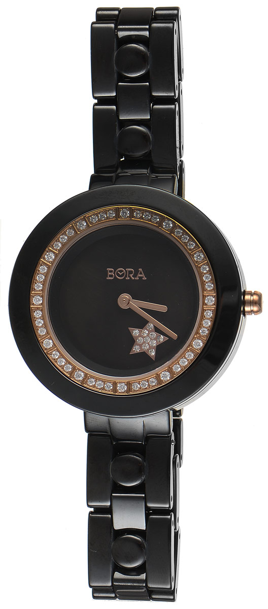 Часы наручные женские Bora, цвет: черный. T-B-7641T-B-7641-WATCH-BLACK Часы наручные женские Bora, цвет: черный. T-B-7641T-B-7641-WATCH-BLACKЭлегантные женские часы Bora выполнены из керамики и минерального стекла. Корпус часов украшен стразами. Перламутровый циферблат дополнен символикой бренда и оформлен декоративным элементом в виде звезды, которая инкрустирована стразами. Корпус часов оснащен кварцевым механизмом со сменным элементом питания, а также дополнен браслетом, который застегивается на металлическую застежку- бабочку. Часы и браслет поставляются в фирменной упаковке. Часы Bora подчеркнут изящность женской руки и отменное чувство стиля у их обладательницы.