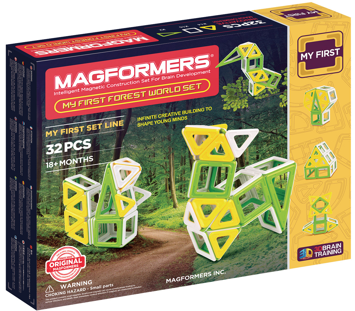 Magformers Магнитный конструктор My First Forest702009 Magformers Магнитный конструктор My First Forest702009My First Forest World Set — пополнение в семейству конструкторов Magformers, посвященных природной тематике, таких как My First Ice World Set и My First Sand World Set. Новый набор посвящен лесу. Детали окрашены в мягкие, напоминающие солнечную лесную опушку цвета: травянисто-зеленый, желтый и белый. В состав набора входят квадраты, треугольники и равнобедренные треугольники, из которых можно собрать разнообразных лесных зверьков, деревья и даже лесную хижину. Этот маленький добрый набор подойдет как для первого знакомства с миром Магформерс, так и для тех, кто хочет разнообразить свою коллекцию. В комплект также входит красочно иллюстрированная Книга идей с подробными схемами сборки лесных обитателей. Вы сможете собрать зайчика, олененка, сову, лисичку или включить воображение и придумать собственного зверька. Набор станет отличным подарком для юного натуралиста! Конструкторы Магформерс — это неиссякаемый источник веселья и творчества! Множество различных по форме деталей позволяет...