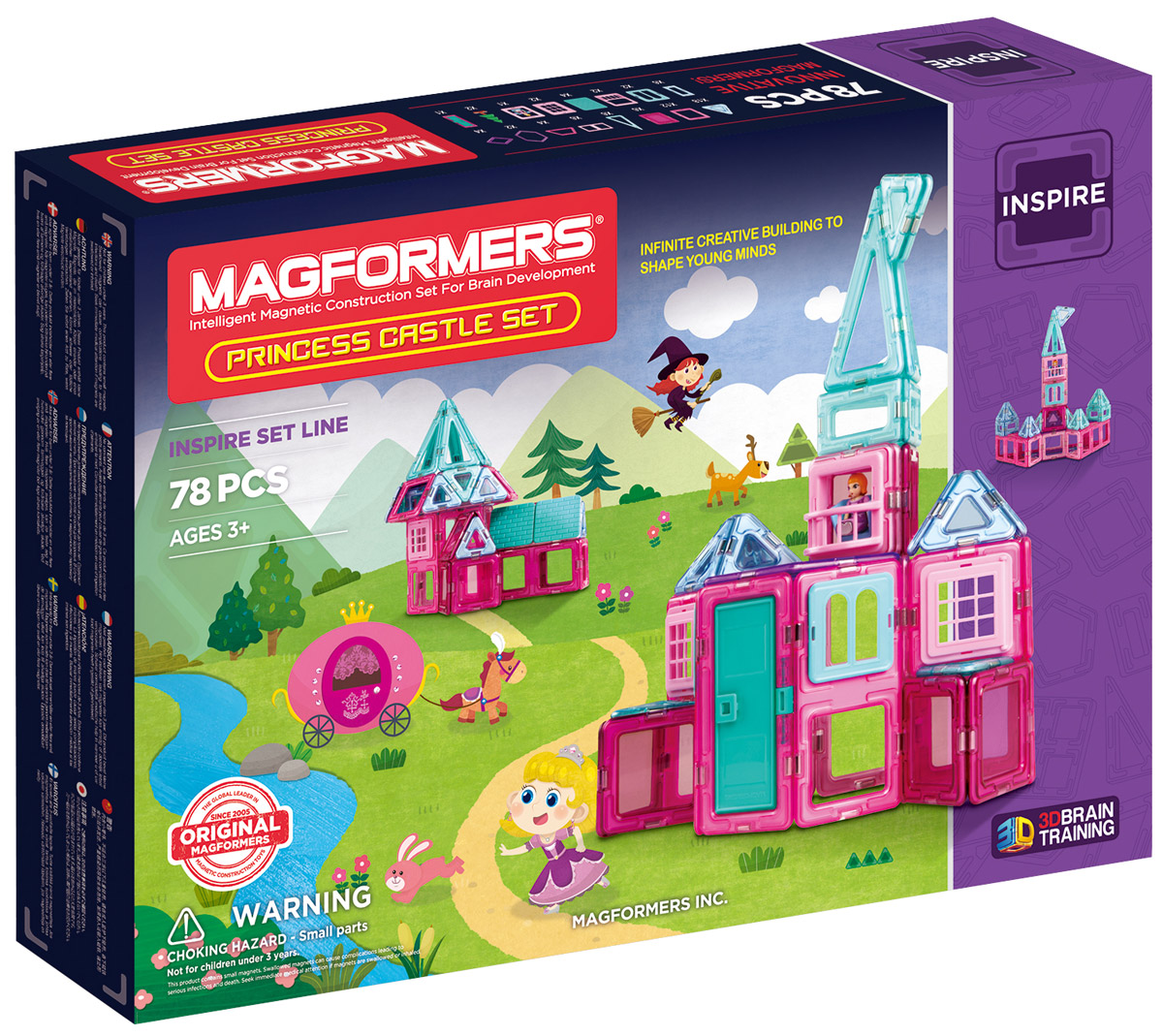 Magformers Магнитный конструктор Princess Castle704004 Magformers Магнитный конструктор Princess Castle704004Набор Magformers Princess Castle - одна из самых интересных новинок 2016 года. В его состав вошли не встречавшиеся ранее ни в одном другом наборе строительные аксессуары и элементы с прозрачными окошками. Детали конструктора выполнены в нежных розово-голубых пастельных тонах, столь любимых девочками. С этим набором вы сможете построить невероятно красивый сказочный замок для принцессы. Помимо базовых геометрических фигур в комплект входят разнообразные декоративные аксессуары: черепичная крыша; изящные балкончики; оконные решетки; оконные проемы с арками. Также в наборе появилась фигурка прекрасной принцессы. Книга идей в комплекте поведает про то, как злая колдунья превратила замок принцессы в тень. Благодаря инструкциям по сборке и силуэтам замков вы сможете спасти принцессу и построить ей новый дом. Особенностью набора также стали квадраты и треугольники с прозрачными вставками из появившейся на рынке в 2016 году линейки Magformers Window. Таинственные полупрозрачные окна и купола...