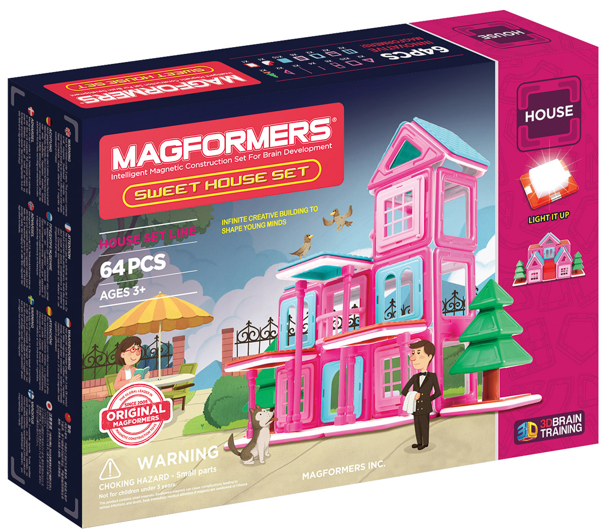 Magformers Магнитный конструктор Sweet House Set705001 Magformers Магнитный конструктор Sweet House Set705001Magformers Sweet House Set — представитель серии строительных наборов Магформерс, куда входят также Magformers Village Set и Magformers Build Up Set. Для наборов серии характерны уникальные строительные аксессуары и дизайн элементов из непрозрачного пластика. Детали Magformers Sweet House Set выполнены в гармоничной розово-голубой цветовой гамме. Помимо базовых геометрических элементов, в набор вошли различные строительные аксессуары: панели стен и крыш коричневого и бирюзового цвета; двери и балконы; различные виды окон; также лестница; специальные перемычки для оформления перил; две ели. Также в комплекте представлена светодиодная панель, с которой легко осветить сконструированный дом и добавить ему уюта. С этими замечательными элементами вы сможете проявить дизайнерские способности и сделать постройки оригинальными и красивыми. Magformers Sweet House Set позволяет построить самые разнообразные здания: загородный дом, отель, бунгало, коттедж, виллу и другие. Все элементы набора,...