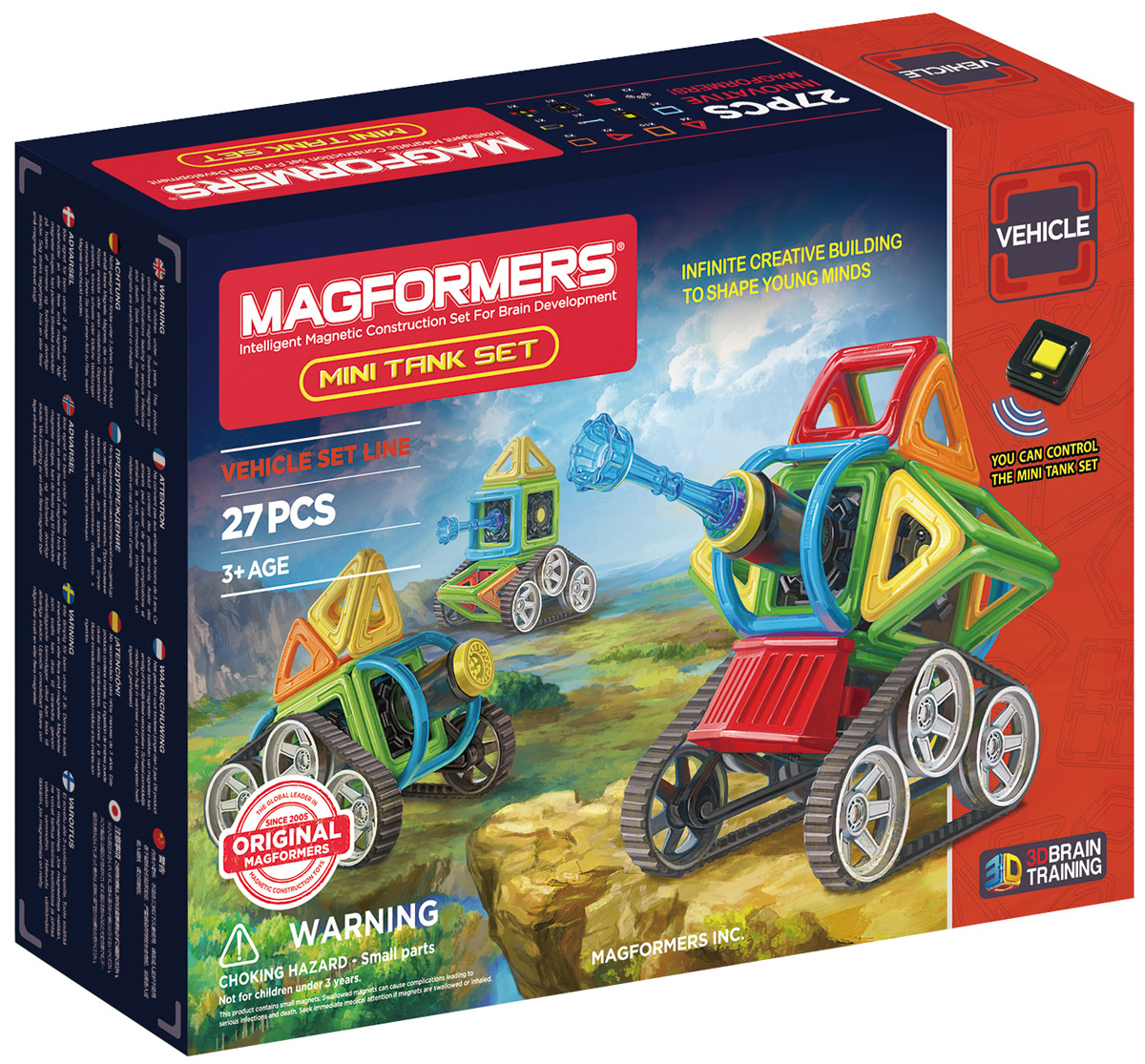 Magformers Магнитный конструктор Mini Tank707010 Magformers Магнитный конструктор Mini Tank707010Magformers Mini Tank Set – один из самых уникальных наборов Магформерс. В нем вы найдете все необходимое для того, чтобы собрать симпатичный маленький танк. В состав набора входят особенные элементы: моторный блок для самостоятельного передвижения (заряжается от USB); пульт дистанционного управления моторным блоком; пушка; коннектор; бампер; гусеницы. Кроме того, в состав набора вошли редкие элементы — мини-арки, мини-секторы и полуарки. Благодаря моторному блоку построенные модели смогут передвигаться самостоятельно. А с яркими дополнительными аксессуарами каждый танк будет уникальным. Книга идей наглядно продемонстрирует, как сконструировать различные модели танков и познакомит с их историей. Танки Магформерс могут управлять погодой. Каждый из них обладает своей способностью: один стреляет облаками, другой — дождем. Соберите все танки и испытайте их возможности! Конструкторы Магформерс — это неиссякаемый источник веселья и творчества! Множество различных по форме деталей позволяет...