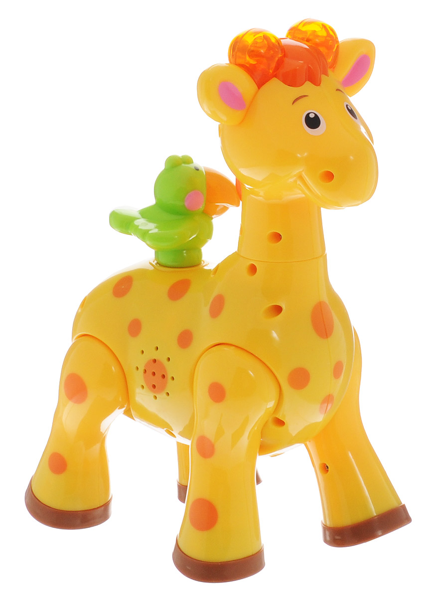 Kiddieland Игрушка на радиоуправлении Быстрый ЖирафKID 051714 Kiddieland Игрушка на радиоуправлении Быстрый ЖирафKID 051714Развивающая игрушка Kiddieland Быстрый Жираф обязательно порадует любого мальчишку. Игрушка с помощью пульта дистанционного управления движется вперед, назад, поворачивает влево и вправо! Забавный радиоуправляемый жираф красочно оформлен. Во время езды светятся огоньки в рожках, звучит веселая музыка или забавные звуки, двигаются ноги и голова. На спине жирафа сидит смешная зеленая птичка, если на нее нажать, то услышишь пение или приятную музыку. Пульт обтекаемой формы белого цвета с тремя большими красными кнопками, очень удобен для маленьких детских ручек. Игрушка развивает мелкую моторику, мышление, зрительное и звуковое восприятие, повышает двигательную активность малышей. Игра с Быстрым Жирафом познакомит ребенка с причинно-следственными связями, разовьет творческое мышление. Рекомендуемый возраст: от 18 месяцев. Для работы жирафа требуются 3 батарейки типа АА (комплектуется демонстрационными). Для работы пультатребуются 3 батарейки типа АА...