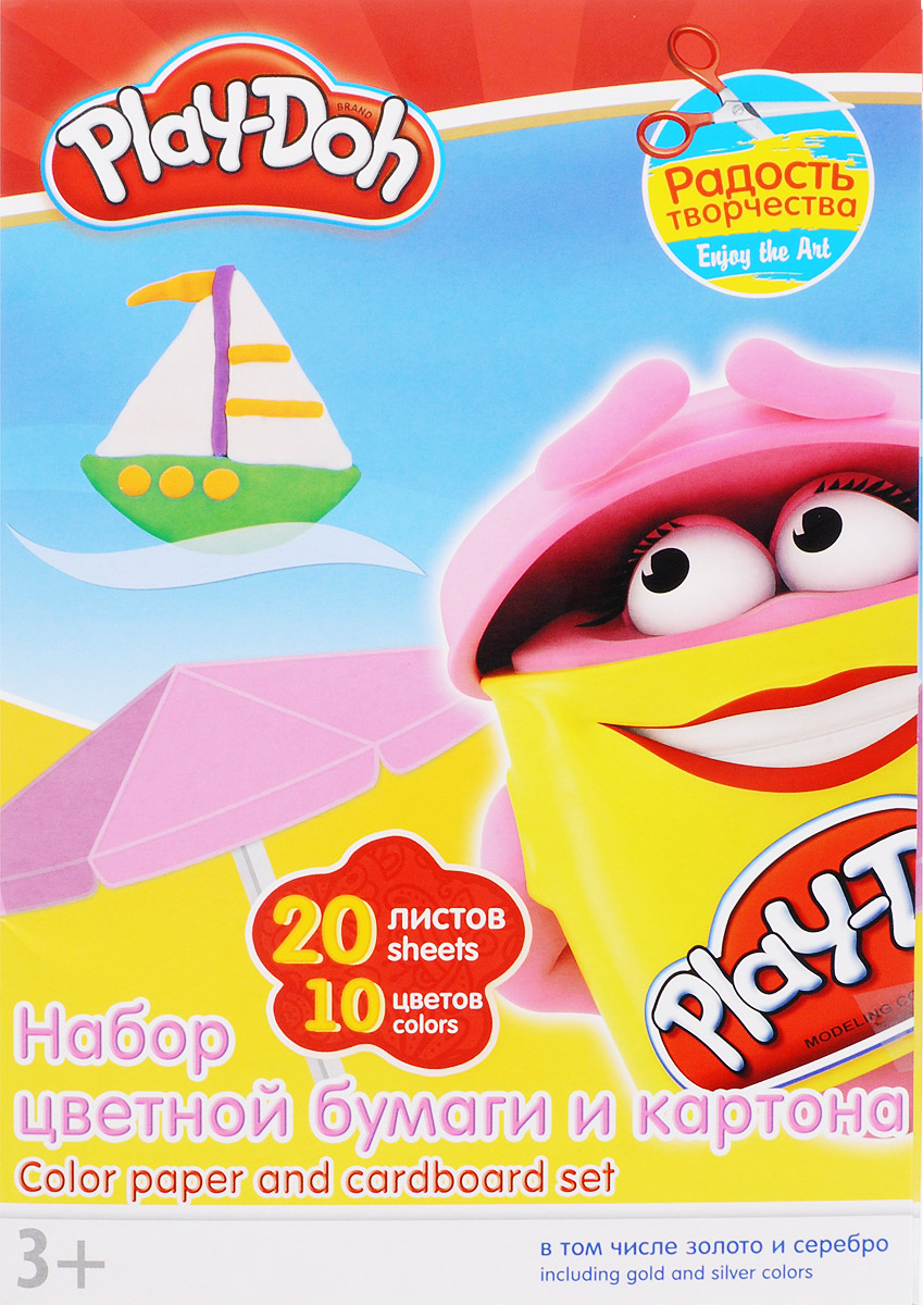 Play-Doh Набор цветной бумаги и картона 20 листовPD3/2 Play-Doh Набор цветной бумаги и картона 20 листовPD3/2Набор цветной бумаги и картона Play-Doh формата А4 идеально подходит для детского творчества: создания аппликаций, оригами и многого другого. В упаковке 20 листов бумаги и картона 10 цветов: золотистый, серебристый, желтый, красный, пурпурный, зелёный, голубой, фиолетовый, коричневый, черный. На обороте набора расположена игра Обведи по точкам. Данная игра прекрасно развивает мелкую моторику рук ребенка. Детские аппликации из цветной бумаги - отличное занятие для развития творческих способностей и познавательной деятельности малыша, а также хороший способ самовыражения ребенка. Рекомендуемый возраст: от 3 лет.