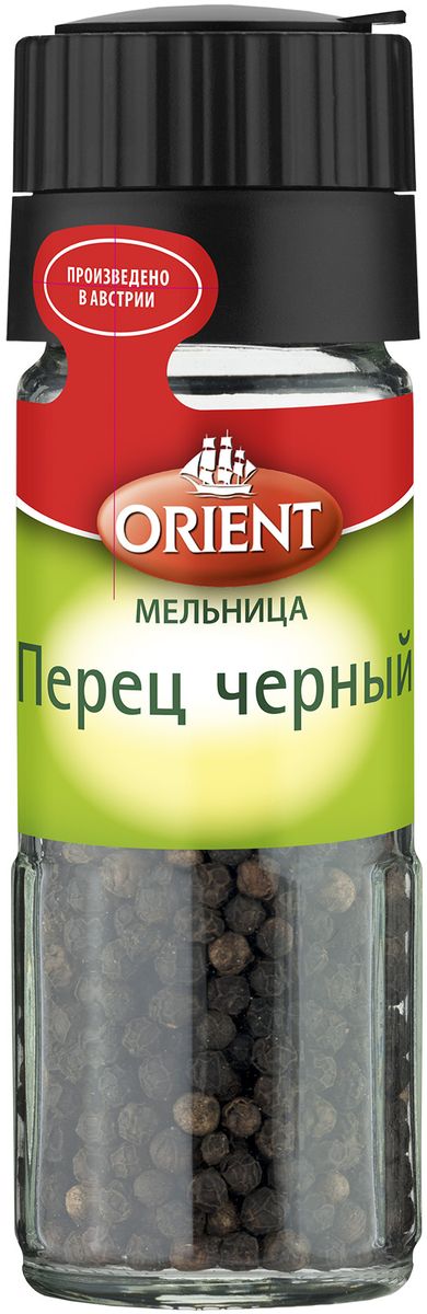 Orient Перец черный, 40 г430011 Orient Перец черный, 40 г430011Чёрный перец называют королём пряностей. Он не только вносит свой неповторимый аромат и острый насыщенный вкус в блюда, но также подчёркивает вкус других ингредиентов. Внимание! Уважаемые клиенты, приправа может содержать следы глютеносодержащих злаков, яиц, сои, сельдерея, кунжута, орехов, горчицы, молока (лактозы).
