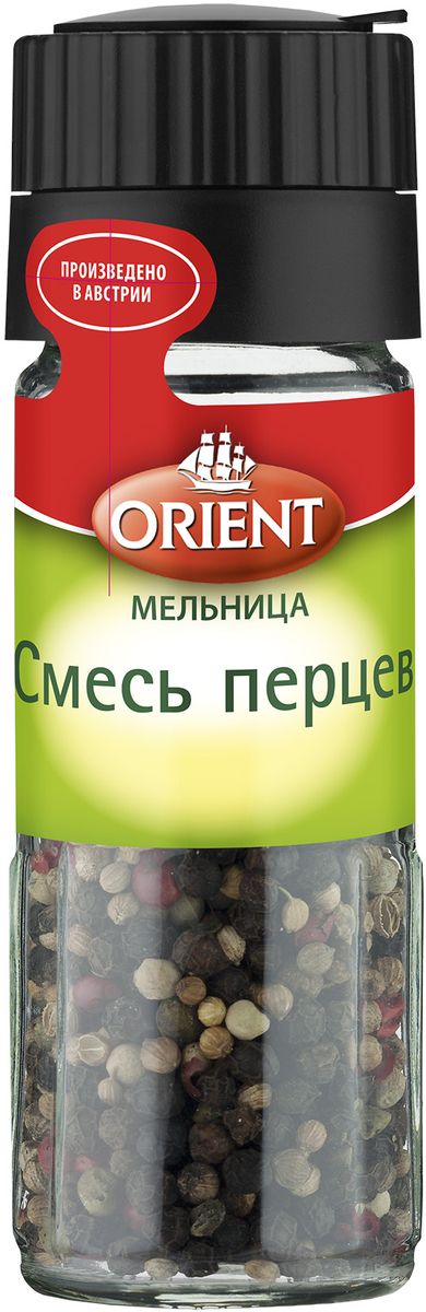 Orient Смесь перцев, 35 г430211 Orient Смесь перцев, 35 г430211Orient Смесь перцев идеально подходит к рыбе, салатам, супам, соусам и различным овощным блюдам. Внимание! Может содержать следы глютеносодержащих злаков, яиц, сои, сельдерея, кунжута, орехов, горчицы, молока (лактозы). Уважаемые клиенты! Обращаем ваше внимание, что полный перечень состава продукта представлен на дополнительном изображении.