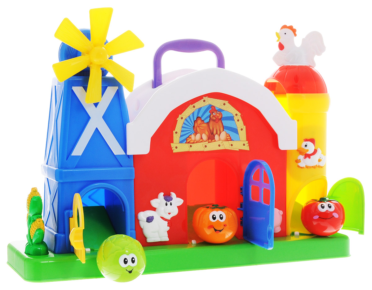 Kiddieland Развивающая игрушка Ферма с мельницейKID 051672 Kiddieland Развивающая игрушка Ферма с мельницейKID 051672Яркая развивающая игрушка Kiddieland Ферма с мельницей обязательно порадует малыша приятными мелодиями и забавными звуками. В комплекте с фермой имеются шарики - овощи в виде капусты, помидора и тыковки. Малыш, бросая шарики в отверстие в крыше фермы наблюдает за ними под забавные звуки. При нажатии на кукурузу открывается дверь в левой башне, нажимая на коровку, открывается дверь в центре, нажимая на хрюшку, открывается дверь в правой башне и мячики выкатываются из фермы. При попадании мячика в левую башню крутится мельница. Игрушка оборудована специальной ручкой в крыше фермы для удобного перемещения. Игрушка способствует развитию мелкой моторики, слухового и зрительного восприятия. Рекомендуемый возраст: от 12 месяцев. Питание: 2 батарейки типа AА (комплектуется демонстрационными).